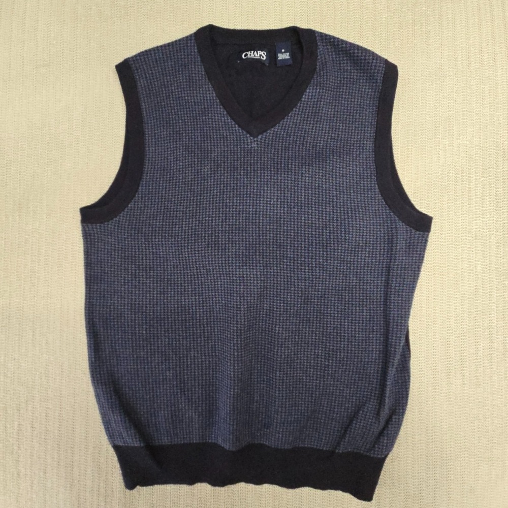 Chaps Sweater Vest Mens Medium Blue Patterned V Neck Knit Logo Sleeveless